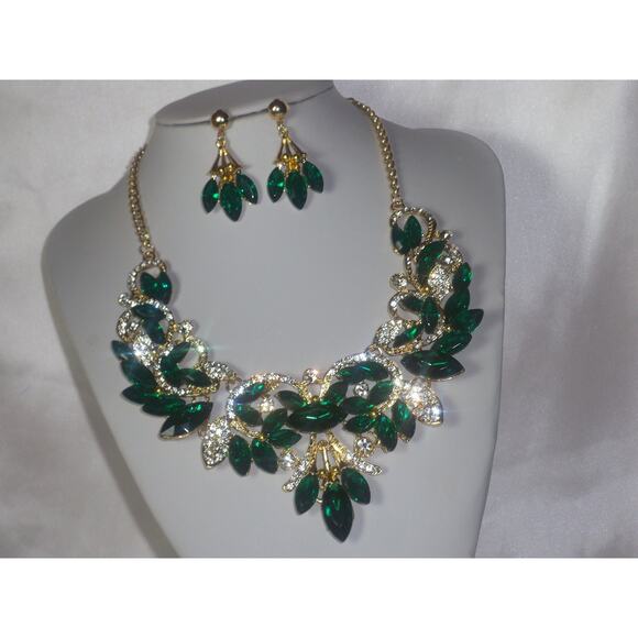 green Rhinestone Necklace Set Wedding MOB Bridal Prom Necklace Party Formal - Picture 1 of 7